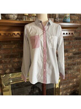 Coldwater Creek White & Black Pinstriped Blouse Red Accent Size 12 Button Down